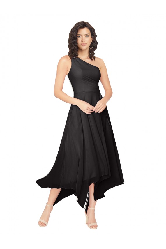 Achat Noir Trapèze Sans bretelle midi Mousseline Courte Asymétrique Robes demoiselle d'honneur / Robes de cocktail