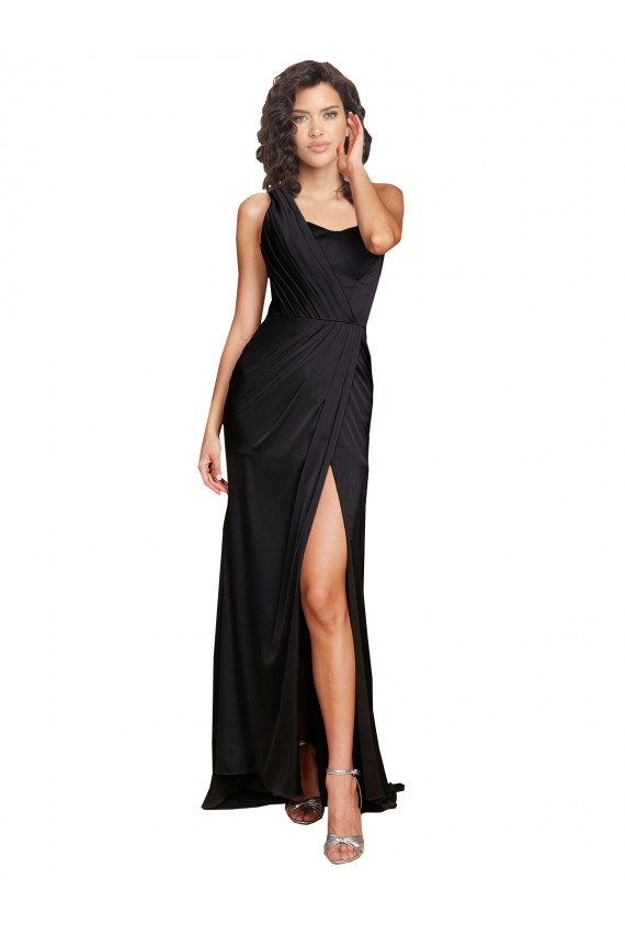 Achat Noir Trapèze Satiné Soyeux Longue Formelles Robes demoiselle d'honneur / Robes de soirée / Robes de bal