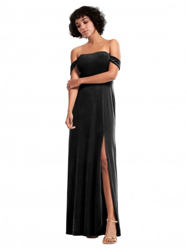 Achat Noir Trapèze Épaule Dénudée Sans bretelle Velours Stretch Longue Formelles Robes demoiselle d'honneur / Robes de soirée / Robes de bal