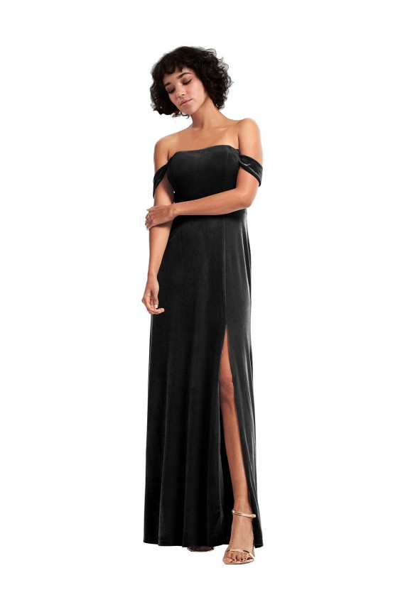Achat Noir Trapèze Épaule Dénudée Sans bretelle Velours Stretch Longue Formelles Robes demoiselle d'honneur / Robes de soirée / Robes de bal