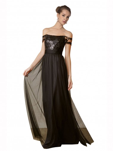 Achat Noir Trapèze Épaule Dénudée Tulle Paillette Longue Robes demoiselle d'honneur