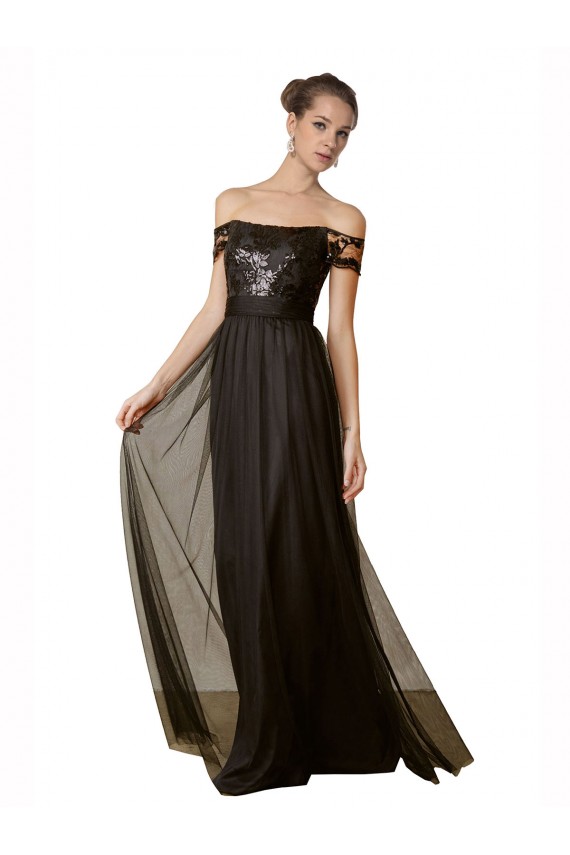 Achat Noir Trapèze Épaule Dénudée Tulle Paillette Longue Robes demoiselle d'honneur