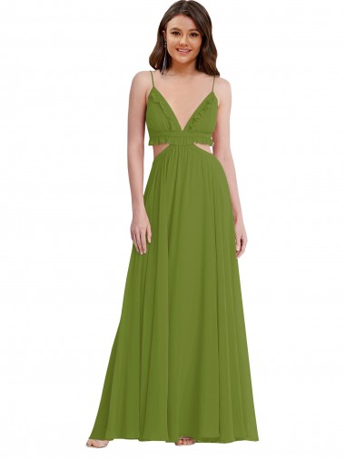 Achat Olive verte Trapèze Col V Mousseline Longue Robes demoiselle d'honneur