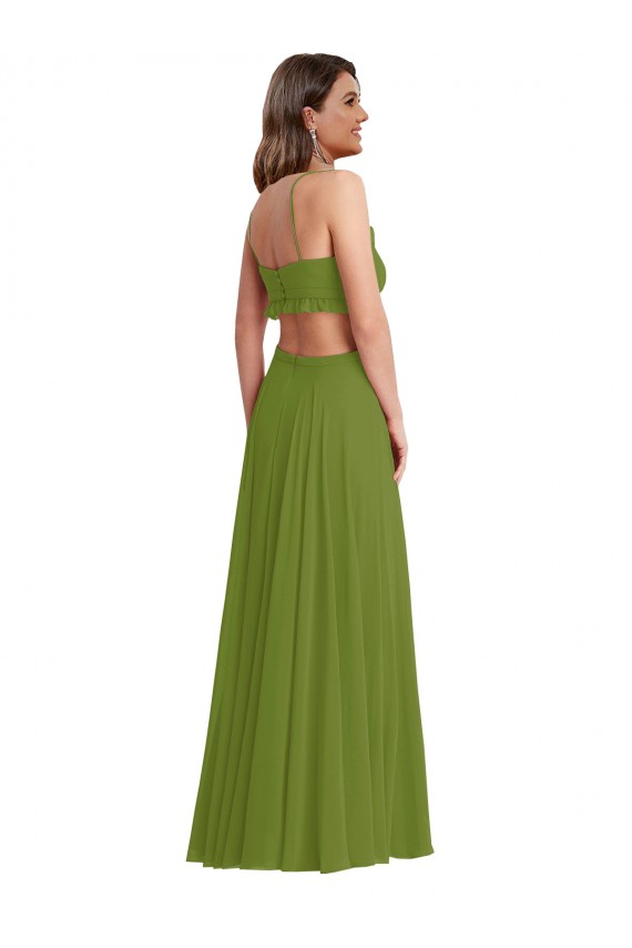 Achat Olive verte Trapèze Col V Mousseline Longue Robes demoiselle d'honneur