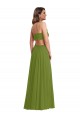 Achat Olive verte Trapèze Col V Mousseline Longue Robes demoiselle d'honneur