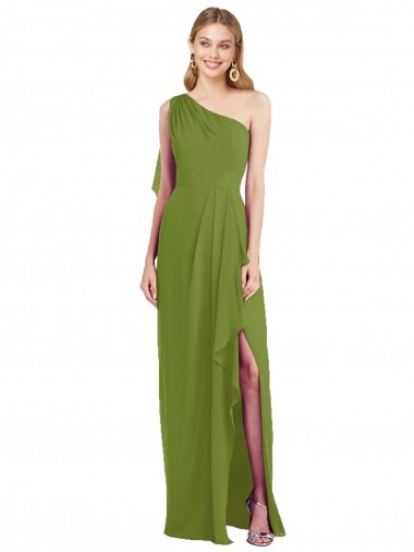 Achat Olive verte Trompette Mousseline Longue Robes demoiselle d'honneur