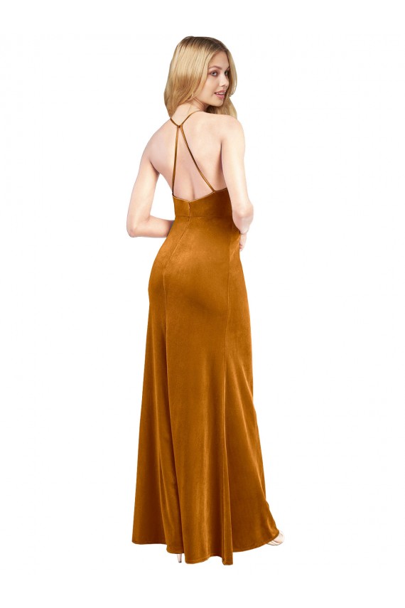 Achat Or Trapèze Licou Col Haut Velours Stretch Longue Formelles Robes demoiselle d'honneur / Robes de soirée / Robes de bal