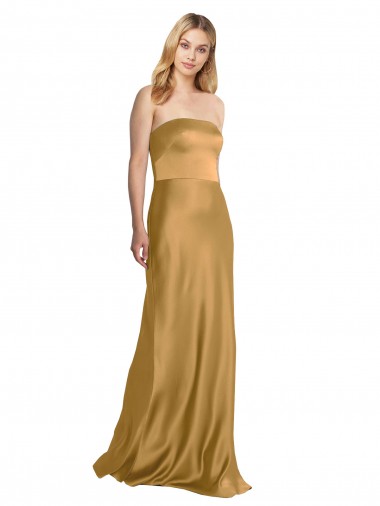 Achat Or Trapèze Sans bretelle Satiné Stretch Longue Formelles Robes demoiselle d'honneur / Robes de soirée / Robes de bal