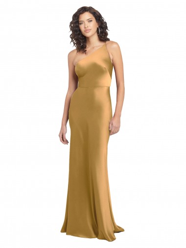 Achat Or Trapèze Satiné Stretch Longue Formelles Robes demoiselle d'honneur / Robes de soirée / Robes de bal