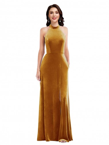 Achat Or Trompette Licou Col Haut Velours Stretch Longue Robes demoiselle d'honneur / Robes de bal