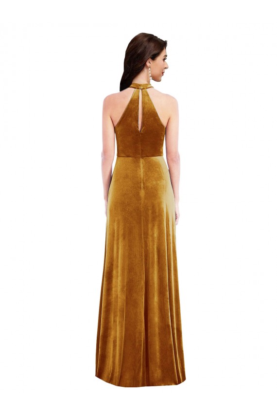 Achat Or Trompette Licou Col Haut Velours Stretch Longue Robes demoiselle d'honneur / Robes de bal