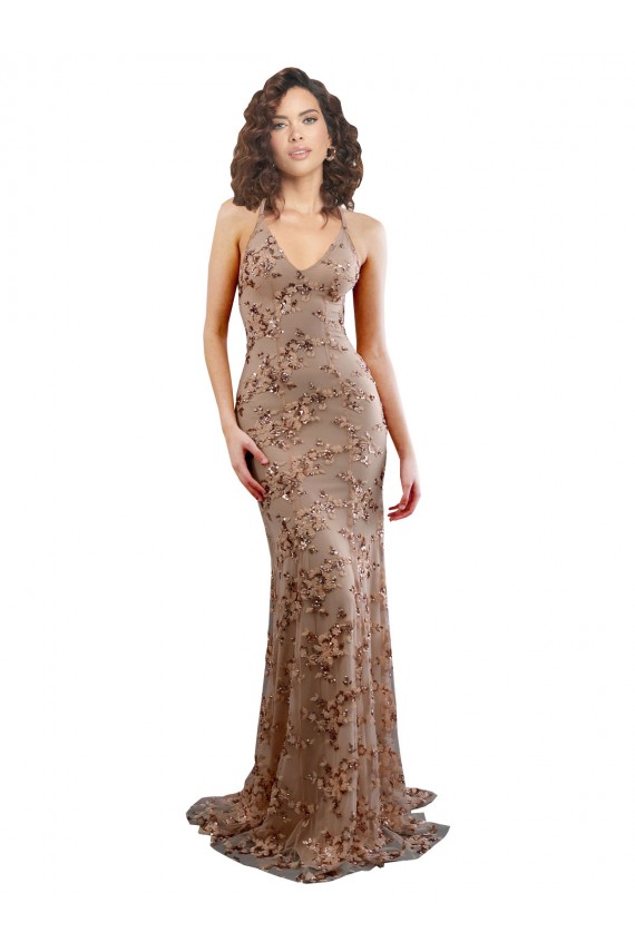 Achat Or rose Sirène Col V Crêpe Stretch Paillette Tulle Longue Formelles Robes demoiselle d'honneur / Robes de soirée / Robes de bal