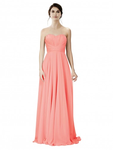 Achat Peach Trapèze Sans bretelle Mousseline Longue Robes demoiselle d'honneur