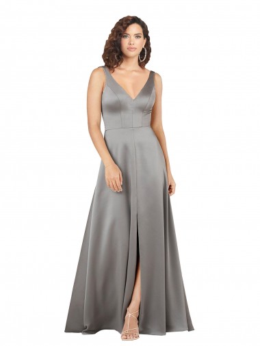 Achat Pearl Grey Trapèze Col V Satiné Soyeux Longue Formelles Robes demoiselle d'honneur / Robes de soirée / Robes de bal