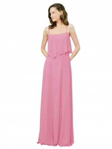Achat Peau Rose Trapèze Bretelles spaghetti Mousseline Longue Robes demoiselle d'honneur