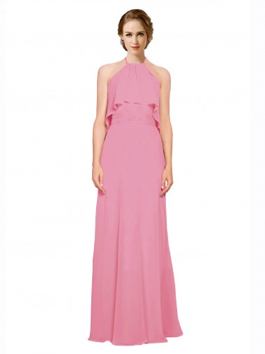 Achat Peau Rose Trapèze Licou Col Haut Mousseline Longue Robes demoiselle d'honneur