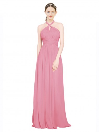 Achat Peau Rose Trapèze Licou Col V Mousseline Longue Robes demoiselle d'honneur