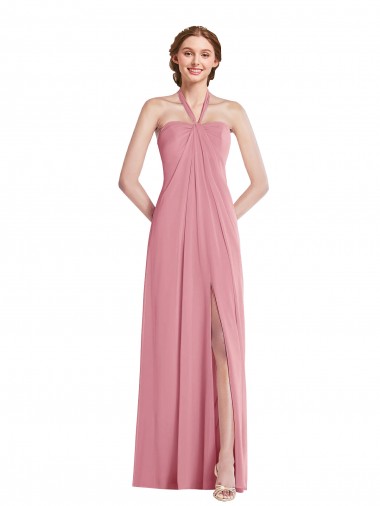 Achat Peau Rose Trapèze Licou Mousseline Longue Robes demoiselle d'honneur