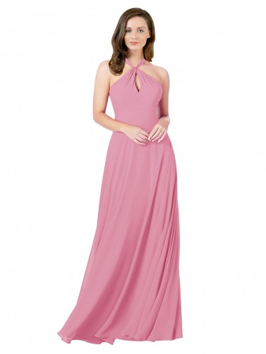 Achat Peau Rose Trapèze Licou Mousseline Longue Robes demoiselle d'honneur / Robes de bal