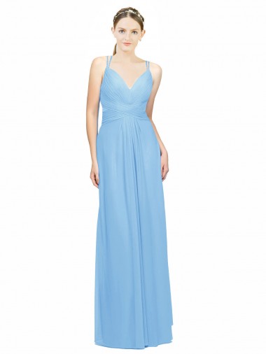 Achat Periwinkle Trapèze Bretelles spaghetti Col V Mousseline Longue Robes demoiselle d'honneur