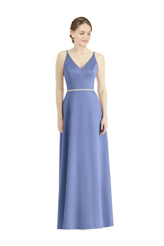 Achat Periwinkle Trapèze Bretelles spaghetti Col V Satiné Longue Robes demoiselle d'honneur