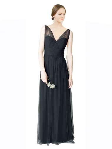 Achat Pewter Trapèze Col V Tulle Longue Robes demoiselle d'honneur