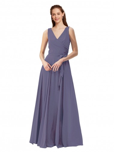 Achat Pierre d'argent Trapèze Col V Mousseline Longue Robes demoiselle d'honneur