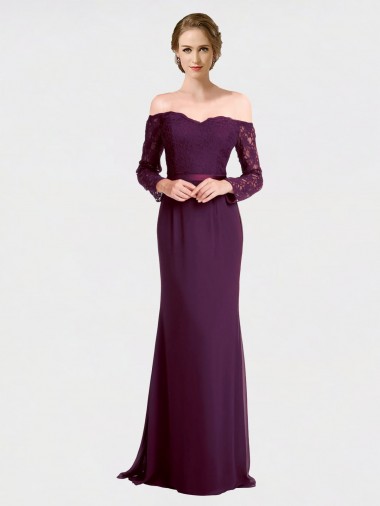Achat Pourpre Sirène Épaule Dénudée Mousseline Dentelle Longue Robes demoiselle d'honneur