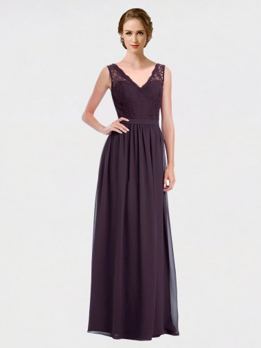 Achat Pourpre Trapèze Col V Mousseline Dentelle Longue Robes demoiselle d'honneur