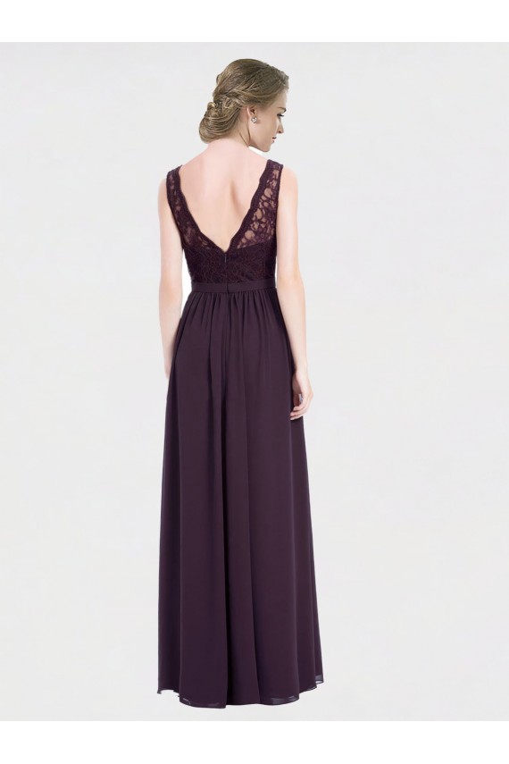 Achat Pourpre Trapèze Col V Mousseline Dentelle Longue Robes demoiselle d'honneur