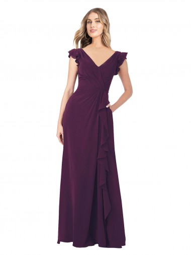 Achat Pourpre Trapèze Col V Mousseline Longue Robes demoiselle d'honneur