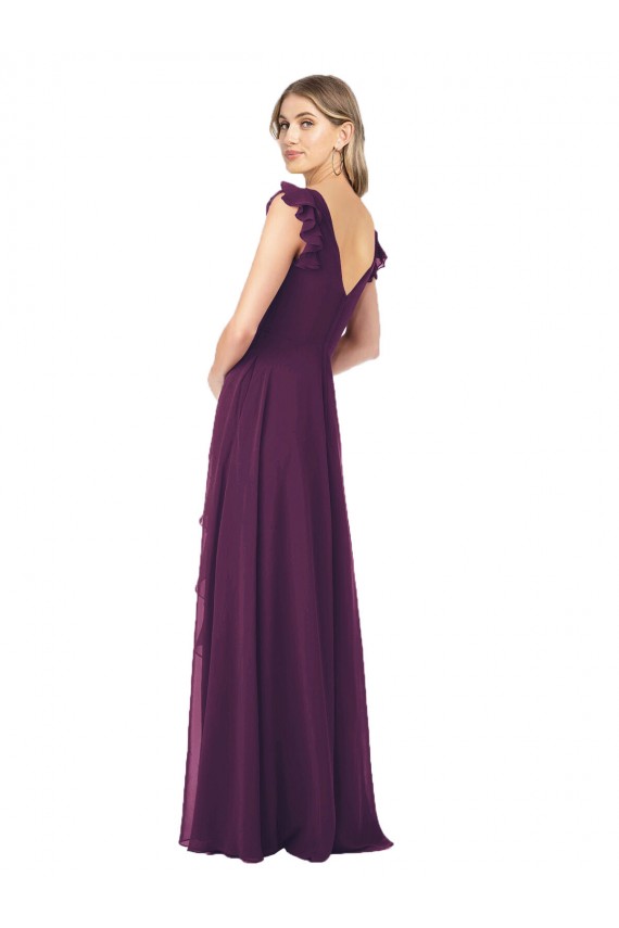 Achat Pourpre Trapèze Col V Mousseline Longue Robes demoiselle d'honneur