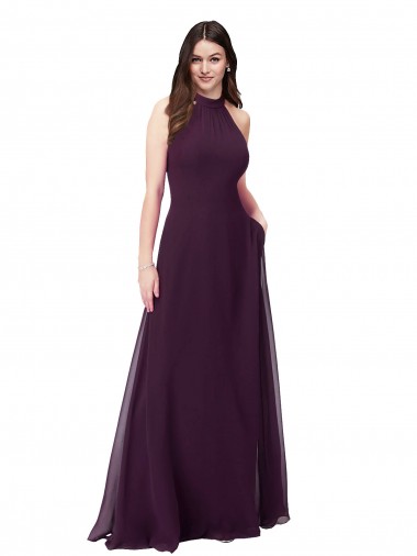 Achat Pourpre Trapèze Licou Col Haut Mousseline Longue Robes demoiselle d'honneur