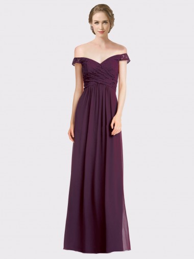Achat Pourpre Trapèze Épaule Dénudée Mousseline Dentelle Longue Robes demoiselle d'honneur