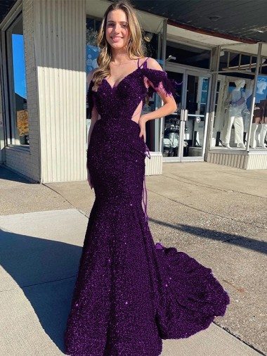 Achat Prune Fourreau Bretelles spaghetti Col V Traîne moyenne Paillettes Velours Longue Robes de bal