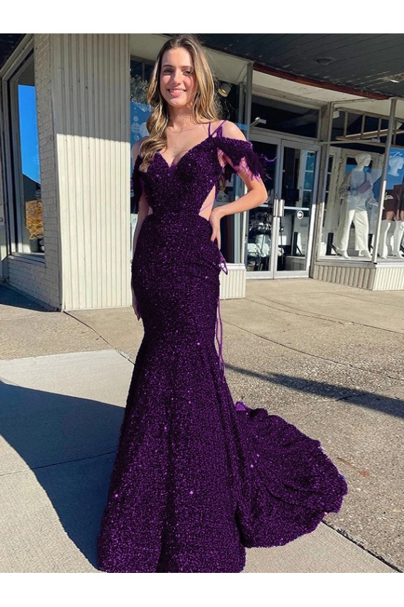 Achat Prune Fourreau Bretelles spaghetti Col V Traîne moyenne Paillettes Velours Longue Robes de bal
