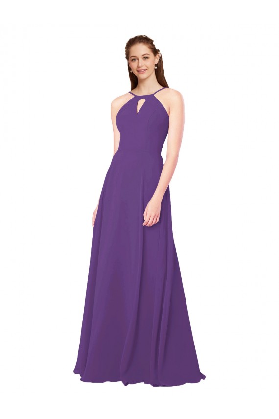 Achat Prune Fourreau Col Haut Mousseline Longue Robes demoiselle d'honneur