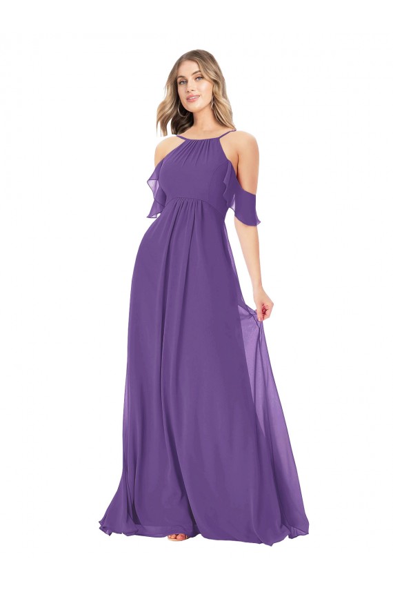 Achat Prune Trapèze Épaule Dénudée Col Haut Mousseline Longue Robes demoiselle d'honneur