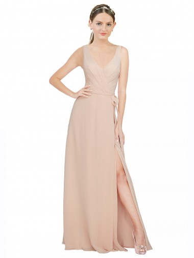 Achat Rose 114 Trapèze Col V Mousseline Longue Robes demoiselle d'honneur