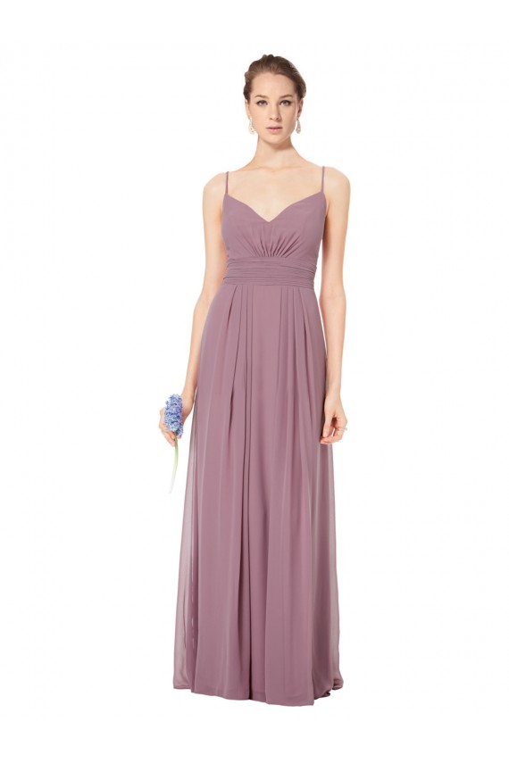 Achat Rose 147 Trapèze Bretelles spaghetti Col V Mousseline Longue Robes demoiselle d'honneur
