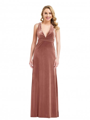 Achat Rose Cannelle Trapèze Col V Velours Stretch Longue Formelles Robes demoiselle d'honneur / Robes de soirée / Robes de bal
