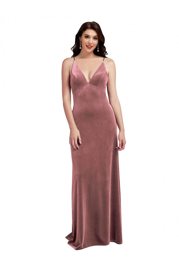 Achat Rose Cannelle Trapèze Col V Velours Stretch Longue Formelles Robes demoiselle d'honneur / Robes de soirée / Robes de bal