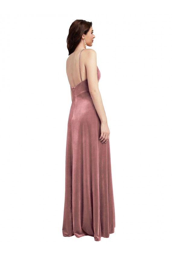 Achat Rose Cannelle Trapèze Col V Velours Stretch Longue Formelles Robes demoiselle d'honneur / Robes de soirée / Robes de bal
