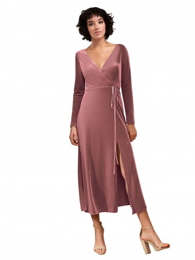 Achat Rose Cannelle Trapèze Col V midi Velours Stretch Courte Robes demoiselle d'honneur / Robes de bal