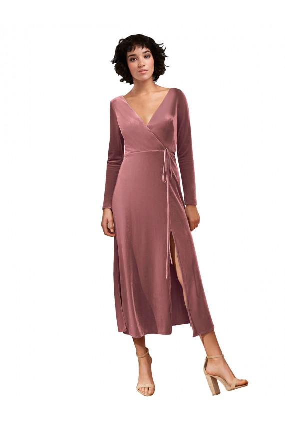 Achat Rose Cannelle Trapèze Col V midi Velours Stretch Courte Robes demoiselle d'honneur / Robes de bal