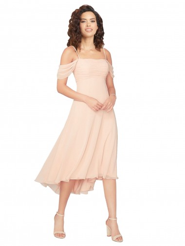 Achat Rose Glacé Trapèze Col Carré midi Mousseline Courte Asymétrique Robes demoiselle d'honneur
