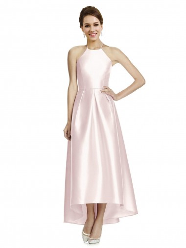 Achat Rose Trapèze Bretelles spaghetti Satiné Longue Asymétrique Robes demoiselle d'honneur
