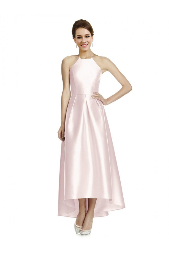 Achat Rose Trapèze Bretelles spaghetti Satiné Longue Asymétrique Robes demoiselle d'honneur