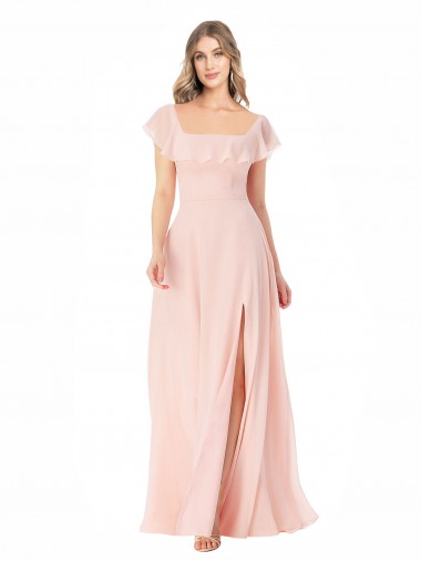 Achat Rose Trapèze Col Carré Mousseline Longue Robes demoiselle d'honneur
