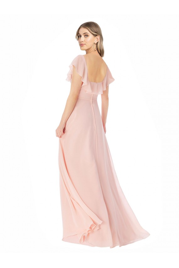 Achat Rose Trapèze Col Carré Mousseline Longue Robes demoiselle d'honneur